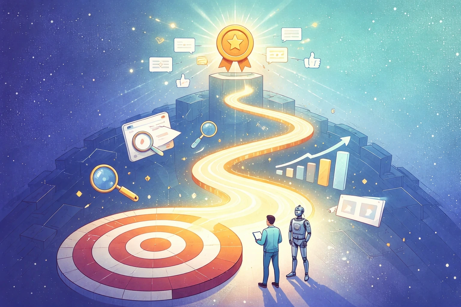 A man and a robot facing a target and a luminous path leading to a gold medal. Search, graph, and social media icons float around.