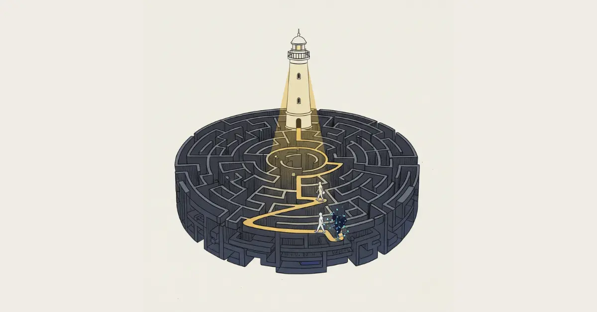 Ilustración de un faro iluminando un camino dorado a través de un laberinto circular oscuro, con dos personas.