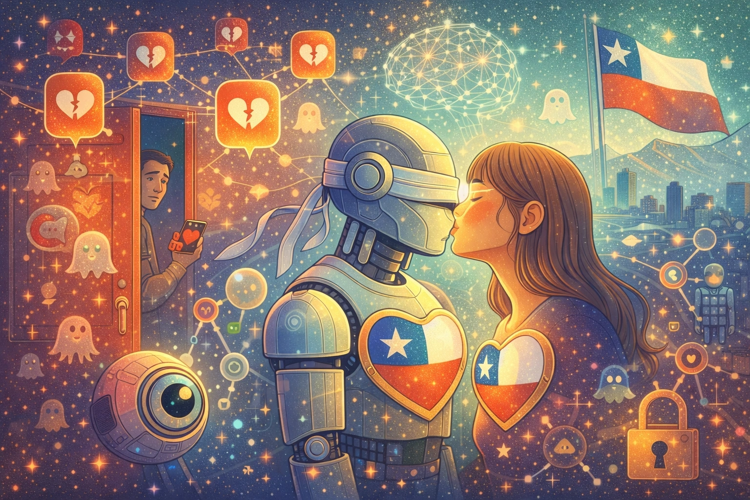 A robot and a woman kissing, with Chilean hearts. A sad man watches from a doorway, ghosts and the flag of Chile.