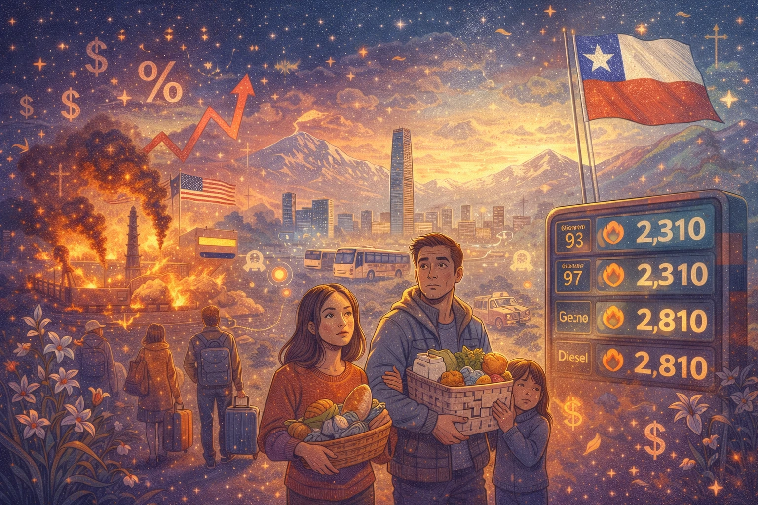 Un collage onírico de una familia con canastas de alimentos, mirando precios de gasolina altos y eventos globales.