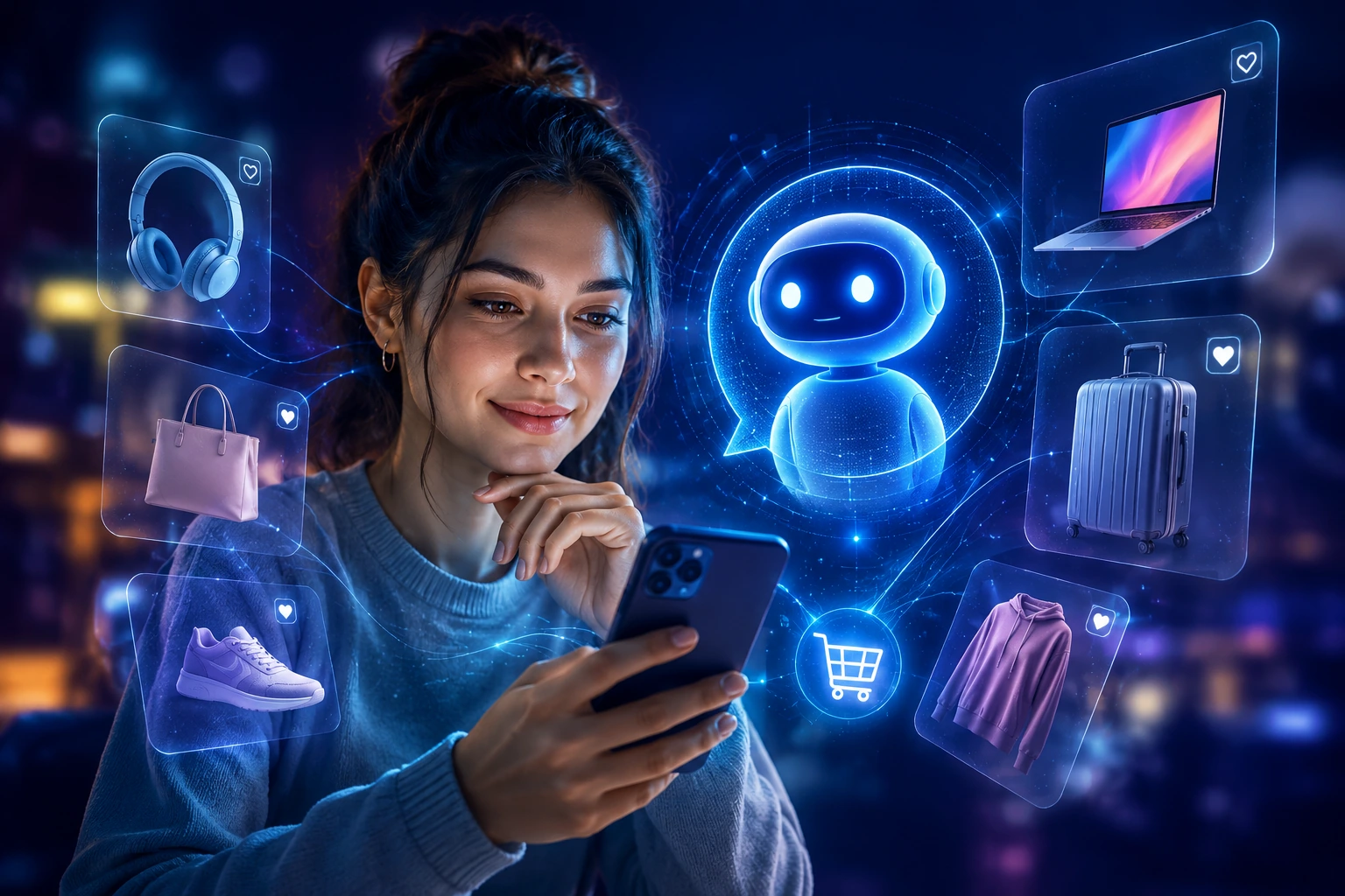 Smiling woman looking at a mobile phone, with a blue chatbot and floating products around her, such as headphones, bags, sneakers, a laptop, a suitcase, and a sweatshirt.